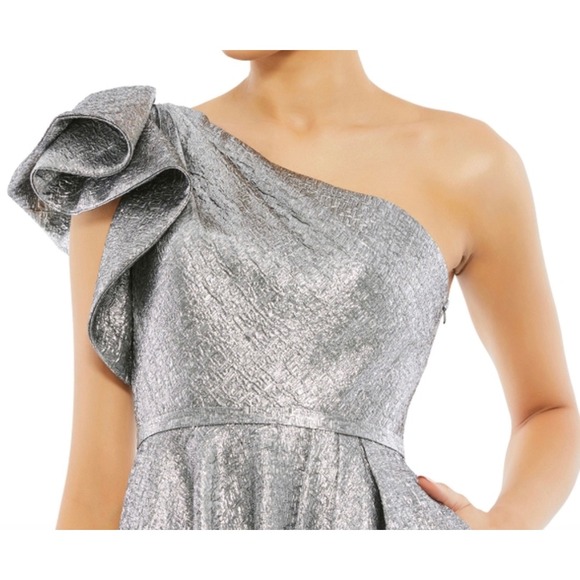 Mac Duggal NEW One Shoulder Bow Tea Midi Dress Silver Size 2 Style#67906‎ - Picture 2 of 8